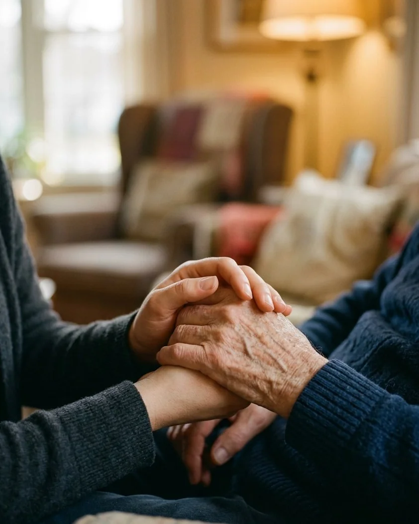 A young hand gently holding an elderly hand in a warm home setting